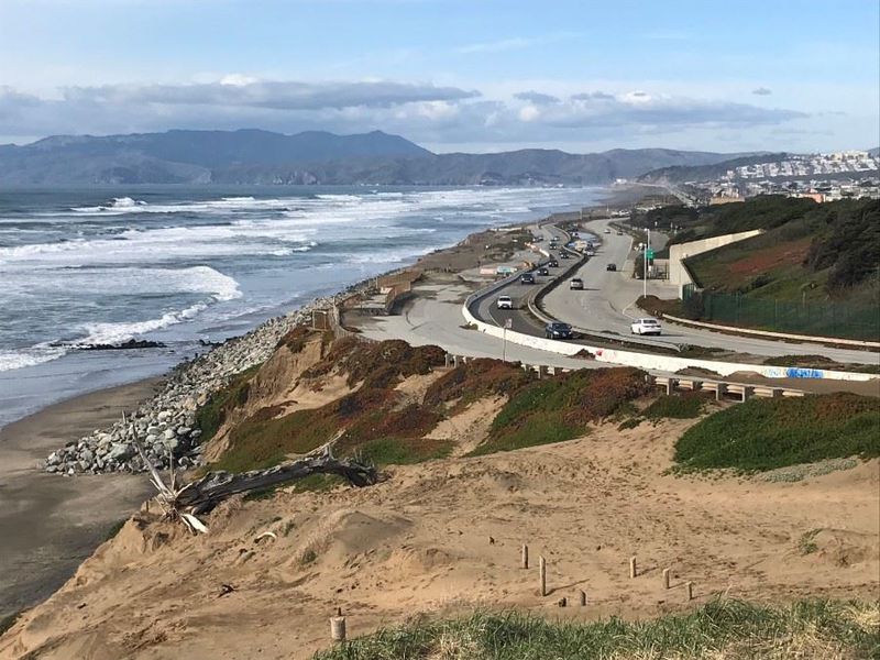 Ocean Beach current view facing North showing erosion and temporary barrier wall