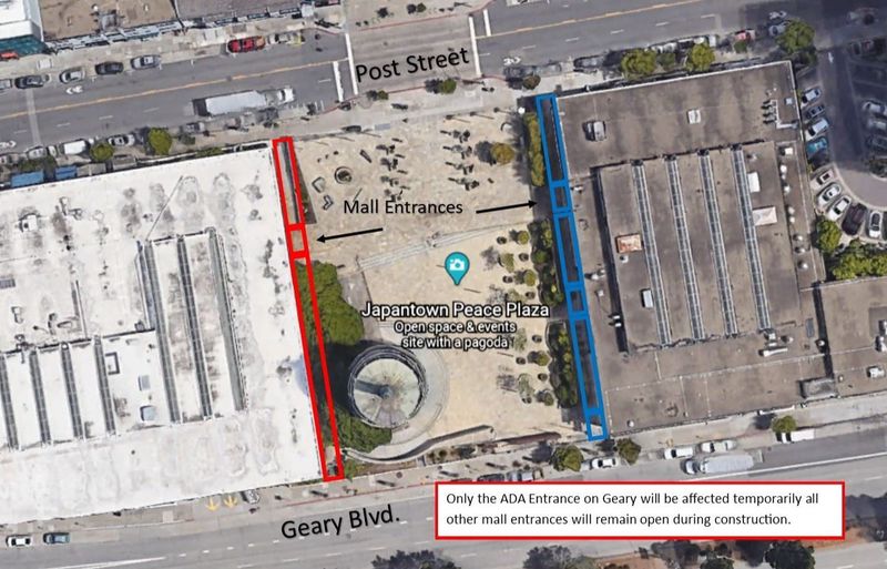 Japantown showing areas of construction along edges of plaza in red and blue that will be affected