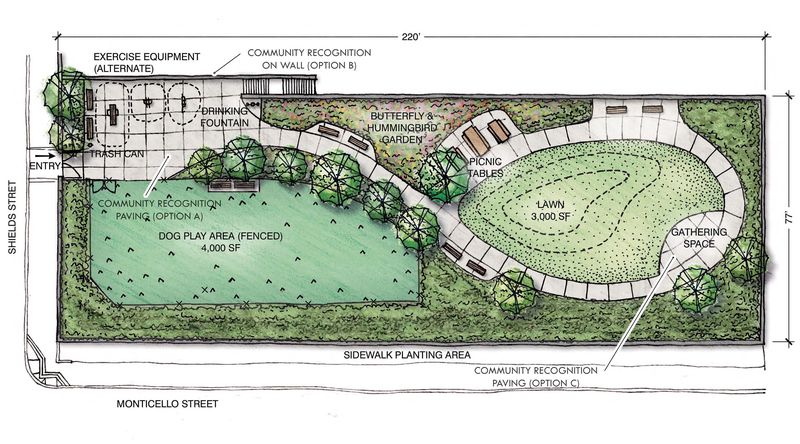Image shows the concept design for Merced Lower Terrace Lawn split dog and people zones