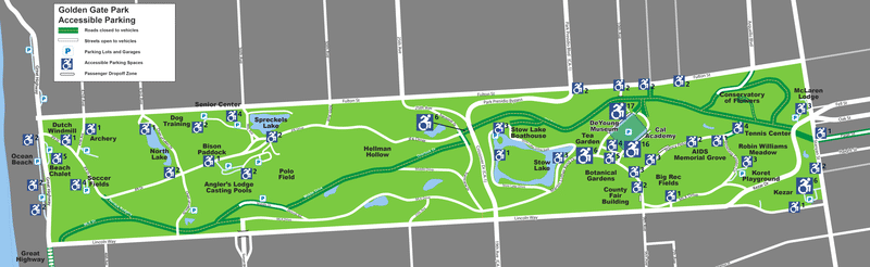 Map indicating the location of blue zone accessible parking spaces throughout the park.