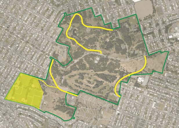 McLaren park satellite image shown with yellow and green lines indicating possible improvement areas