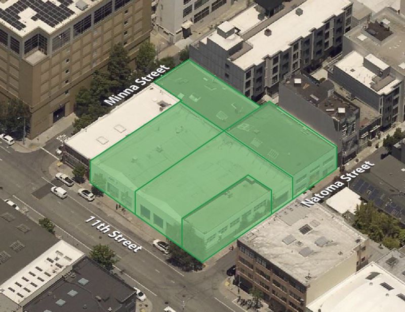 Proposed eleventh and Natoma new park aerial view of existing buildings