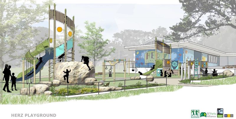 Artist rendering of Herz Playground after construction with new playground equipment