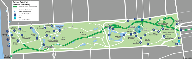Mapa ng Liwasang Golden Gate na nagpapakita ng lahat ng espasyo ng paradahang aksesible sa ADA simula Oktubre 2024. Ang listahang teksto ng mga lokasyong ito ay nasa itaas. Bubukas sa bagong bintana